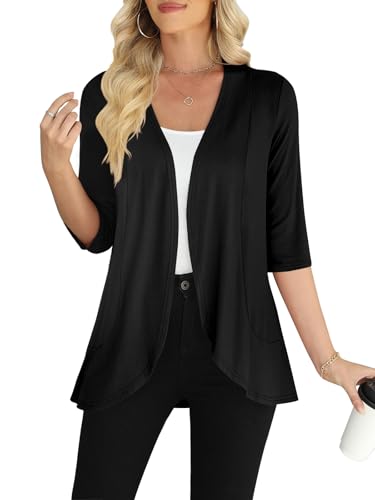 Women's Casual 3/4 Sleeve Cardigan Lightweight Soft Open Front Cardigans - color: Black, size: X-Large
