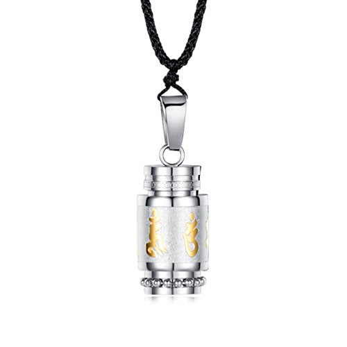 Men's Stainless Steel Open Lucky Buddha Mantra Pendant Necklace Bottle Container Memorial with Braided Rope - color: Mantra - Silver (big)