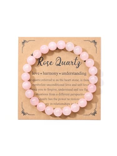 Jovivi Crystal Bracelets for Women Men - 8mm Handmade Natural Semi Precious Gemstone Beaded Bracelets, Round Stone Beads Stretch Bracelet, Healing Yoga Bracelets Jewelry Gifts - color: Rose Quartz Crystal