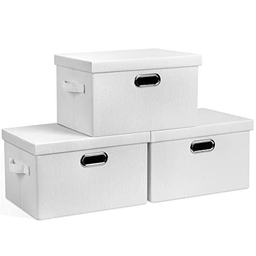 Graciadeco Medium 15" 21 Quart Collapsible Stackable Storage Bins with Lids, 3 Packs White Foldable Fabric Closet Boxes Heavy-duty Linen Cube Baskets Container for Bedroom Office (15 x 11 x 8) - color: White, size: Medium -3 Pack