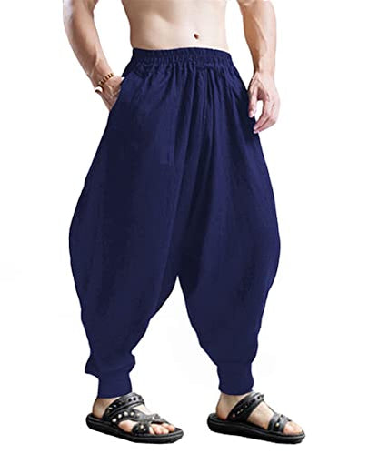 CLANMILUMS Men's Cotton Harem Pants Casual Loose Hippie Drop Crotch Trouser - color: Navy1, size: Small