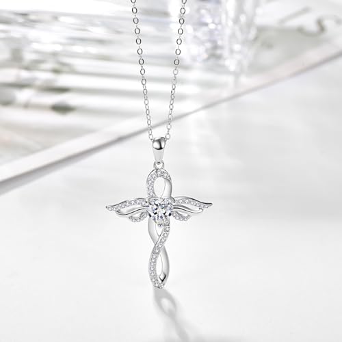 TANGPOET Angel Wings Necklace for Women 925 Sterling Silver Guardian Angel Pendant, Heart Cross Birthstone Necklace, Birthday Jewelry Gifts for Her - style: 4-April White Diamond