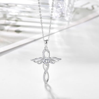 TANGPOET Angel Wings Necklace for Women 925 Sterling Silver Guardian Angel Pendant, Heart Cross Birthstone Necklace, Birthday Jewelry Gifts for Her - style: 4-April White Diamond