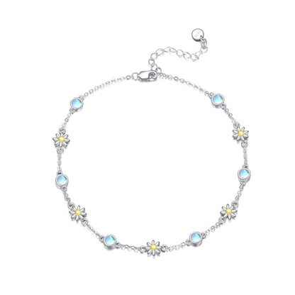 CRMAD 925 Sterling Silver Daisy/Sunflower Moonstone Anklet Daisy Flower Ankle Bracelet for Women Beach Dainty Jewelry - size: 7+2 inch, style: daisy