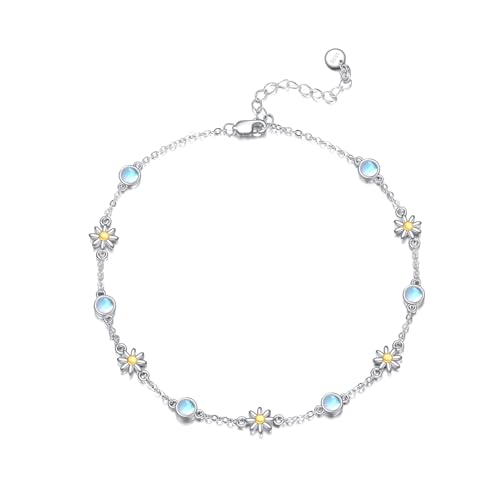 CRMAD 925 Sterling Silver Daisy/Sunflower Moonstone Anklet Daisy Flower Ankle Bracelet for Women Beach Dainty Jewelry - size: 7+2 inch, style: daisy