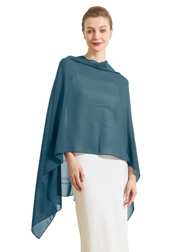 Chiffon Cape Shawl Wrap Scarf 3 Ways to Wear Elegant Sheer Capelet for Evening Dresses Weddings Parties - color: Ink Blue