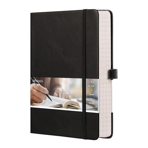 EMSHOI A5 College Ruled Notebook, 256 Numbered Pages 120GSM Ink-Proof Faux Leather Hardcover Lay-Flat Lined Journal for Work Office School Travel Writing, Small 5.75" x 8.38", Black - color: Black, size: A5-Ruled