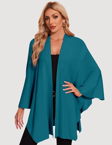 PULI Womens Elegant Cross Front Shawl Wraps Knitted Ponchos Cape Light Weight Poncho Sweater Soft Warm Travel Wraps - color: Dark Cyan