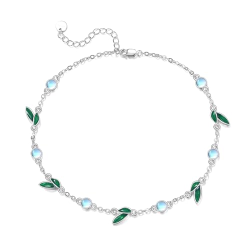 CRMAD 925 Sterling Silver Daisy/Sunflower Moonstone Anklet Daisy Flower Ankle Bracelet for Women Beach Dainty Jewelry - size: 9+2 inch, style: leaf