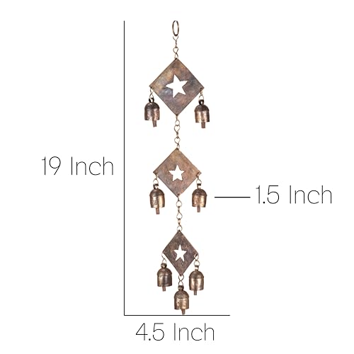 Rustic Metal Wind Chime – Triple Diamond Star Cutouts with Bells – Bronze Outdoor Garden Decor – Wind Chimes for Outside, Porch, Yard, Balcony, Memorial or Garden Gift 19 x 4.5 Inch
