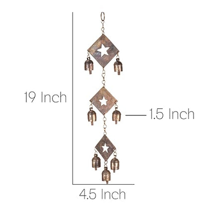 Rustic Metal Wind Chime – Triple Diamond Star Cutouts with Bells – Bronze Outdoor Garden Decor – Wind Chimes for Outside, Porch, Yard, Balcony, Memorial or Garden Gift 19 x 4.5 Inch