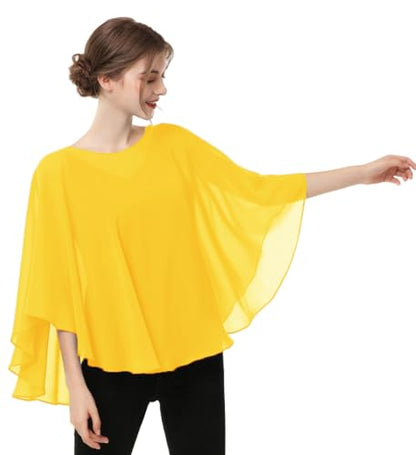 Capes for Womens Casual chiffon shawl Casual Chiffon Cape Sheer shawls and wraps Poncho Capelets Cover Up - color: Yellow Gold