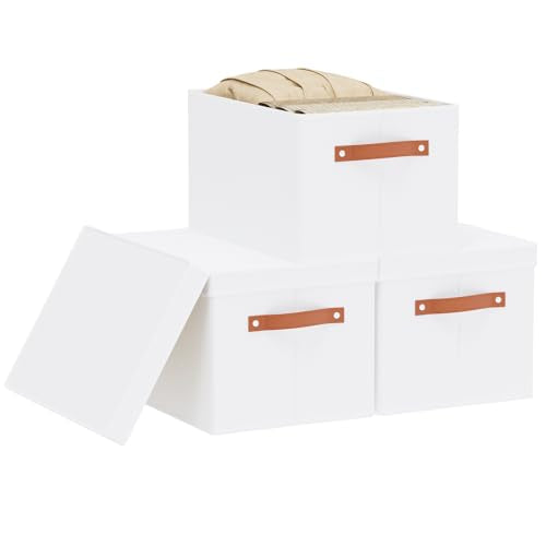 3 Pack Storage Boxes with Lids, Storage Baskets for Shelves, Decorative Linen Closet Organizers with Handles, White, 16.5 x 11.8 x 10.2 Inch - color: White, size: Large（3 Pack）