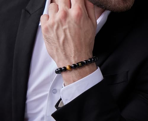 FRG Initials Bracelets for Men Letter Link Handmade Natural Black Onyx Tiger Eye Stone Beads Braided Rope Meaningful Bracelet - style: Braided rope-H