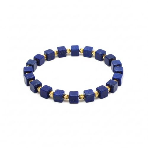 Lapis Lazuli Healing Bracelet – Real Crystal Beads for Stress Relief, Meditation & Chakra Balance – Natural Gemstone Jewelry Gift for Women & Men, Adjustable Stretch Fit - style: 6mm Cube Gold Accent（no gift box）