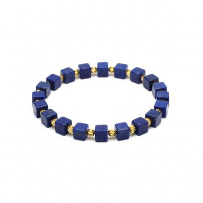 Lapis Lazuli Healing Bracelet – Real Crystal Beads for Stress Relief, Meditation & Chakra Balance – Natural Gemstone Jewelry Gift for Women & Men, Adjustable Stretch Fit - style: 6mm Cube Gold Accent（no gift box）