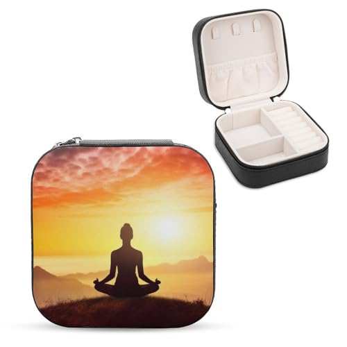Portable Travel Jewelry Case Yoga Meditation Printed Small Trinket Box PU Leather Mini Earrings Storage Holder Rings Organizer for Women Necklace Bracelets