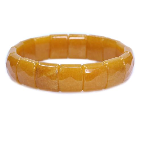 Keleny Gemstones Semi Precious 15mm Square Grain Faceted Beaded Stretch Bangle 7.5 Inch Unisex - color: Dark Yellow Jade