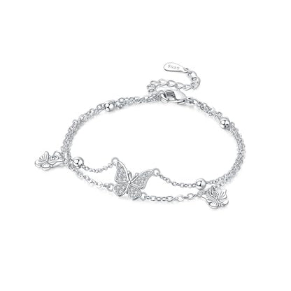 925 Sterling Silver Bracelet for Women,Silver Bracelet Chain Presents for Sister Daughter and Friend, Women's Jewelry for the Daily Occasion - color: Silvery | Butterfly Double Layer Chain