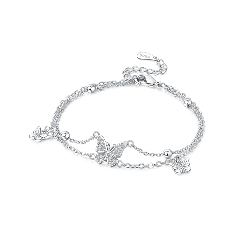925 Sterling Silver Bracelet for Women,Silver Bracelet Chain Presents for Sister Daughter and Friend, Women's Jewelry for the Daily Occasion - color: Silvery | Butterfly Double Layer Chain