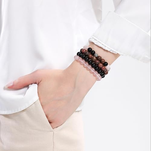 Fengling 4 PCS Beaded Crystal Bracelet for Women 8mm Natural Gemstones Handmade Bracelet for Girls Healing Stretch Bracelets Crystal Jewelry for Women Gifts - color: Pink Crystal&Black Thread Rhodochrosite &Pure Black obsidian