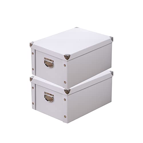GUOZI Collapsible Storage Box, Decorative Memory Box with Lid & Metal Reinforced Corners, Cardboard File Bin with Handles, Organizer Gift Box for Keepsake Toy Photos Office Nursery Wardrobe Bookshelf - color: 2Pcs-White