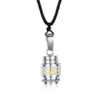 Men's Stainless Steel Open Lucky Buddha Mantra Pendant Necklace Bottle Container Memorial with Braided Rope - color: Chinese Great Compassion (Silver)
