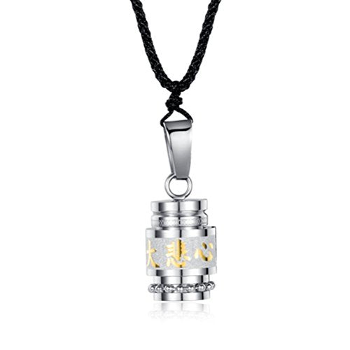 Men's Stainless Steel Open Lucky Buddha Mantra Pendant Necklace Bottle Container Memorial with Braided Rope - color: Chinese Great Compassion (Silver)
