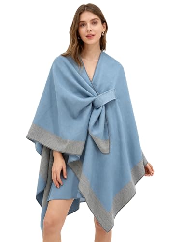 Women's Elegant Shawl Wraps, Soft Open Front Poncho Cape, Reversible Casual Cardigan Shawls for Gift Travel - color: Blue-gray
