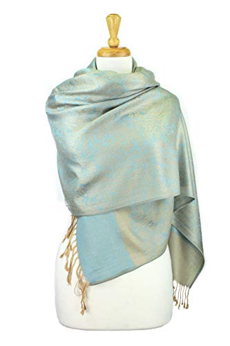 PASKMLNA Paisley Jacquard Pashmina Shawl Wrap Scarf Stole - color: Baby Blue Beige