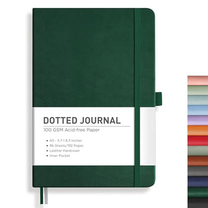 RETTACY Dotted Journal Notebook, 192 Pages, A5 Medium Size (5.7'' x 8.3''), Leather Hardcover, 100 GSM Thick Paper, for Journaling, Planning, Tracking (Dark Green) - color: Dark Green, style: Dotted