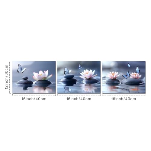 iKNOW FOTO Zen Lotus Flower Canvas Wall Art - 3pcs Calming Spa Decor with Stones and Butterfly - Water Lily Modern Artwork for Bathroom, Yoga Studio, Meditation, or Living Room - 12x16 Each