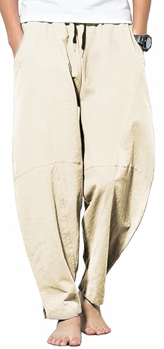 Men's Casual Cotton Linen Pants Elastic Waist Drawstring Beach Summer Lightweight Trousers - color: Khaki, size: 32
