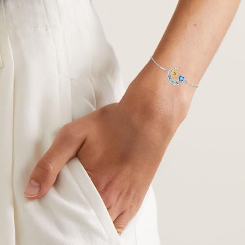 925 Sterling Silver Moon and Sun Star Adjustable Link Bracelet for Women with 12 Month Birthstone Birthday Jewelry - style: 12 - Dec.
