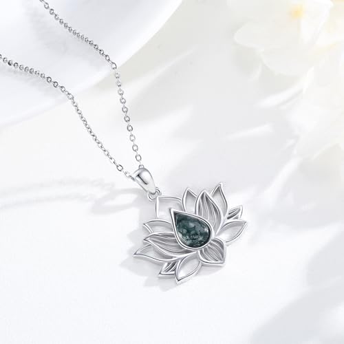 Lotus Necklaces for Women 925 Sterling Silver 7 Chakra/Yin Yang Pendant Necklace Spiritual Lotus Jewelry Birthday Yoga Gifts - style: Moss Agate-Lotus