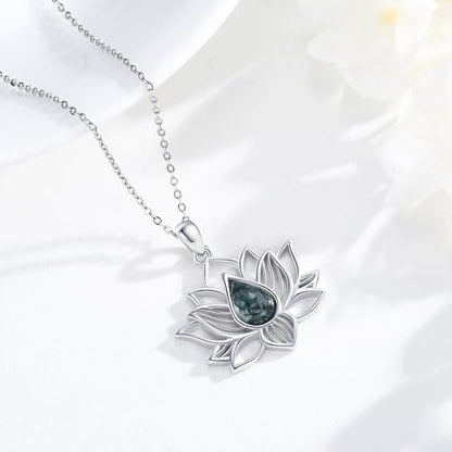 Lotus Necklaces for Women 925 Sterling Silver 7 Chakra/Yin Yang Pendant Necklace Spiritual Lotus Jewelry Birthday Yoga Gifts - style: Moss Agate-Lotus