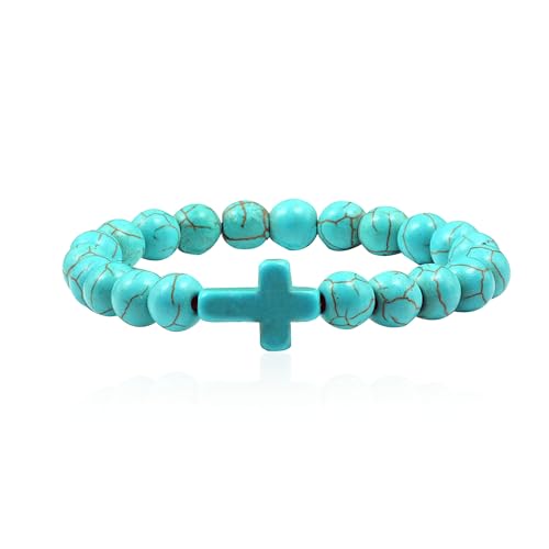 Handmade Cross Natural Colorful Stone Beads Elastic Adjustable Bangle Link Couple Friendship Minimalist Valentine Day Birthday Bracelet Jewelry for Women - color: Blue