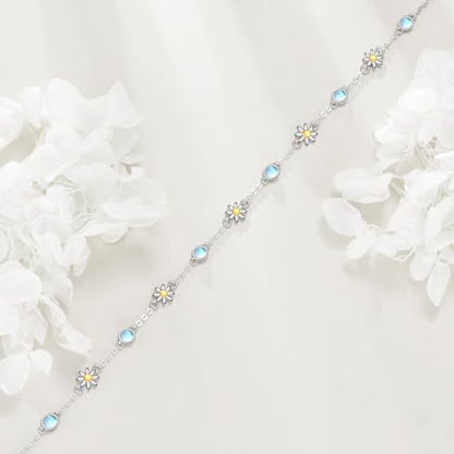 CRMAD 925 Sterling Silver Daisy/Sunflower Moonstone Anklet Daisy Flower Ankle Bracelet for Women Beach Dainty Jewelry - size: 9+2 inch, style: daisy