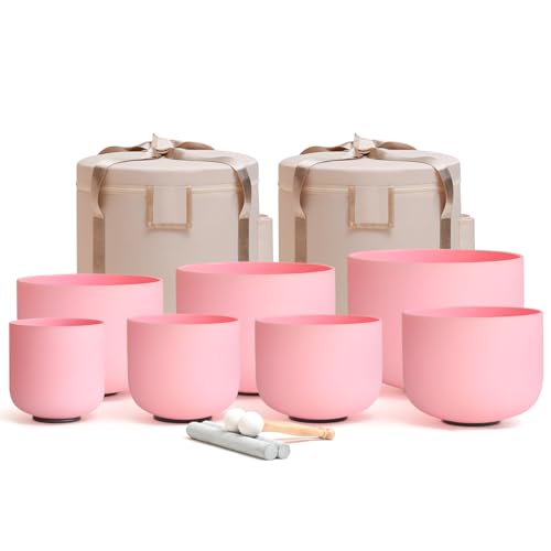 CVNC 432HZ 6-12 Inch Pink Color Frosted Quartz Crystal Singing Bowls Chakra Set of 7 with Carry Case Bags for Sound Healing and Meditation - color: pink 6-12", size: 6-12 inch pink