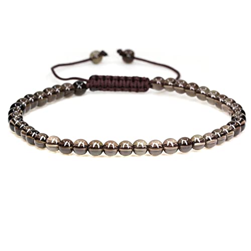 Keleny Natural Gemtones 4mm Round Beads Crystal Adjustable Braided Macrame Tassels Bracelets Unisex - color: Smoky Quartz