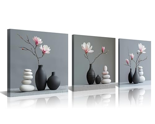 NAN Wind Modern Floral Art 3Pcs Magnolia Flowers & Zen Stones Art Minimalist Zen Magnolia Flower Black Vases Framed Canvas Prints Home Decor Contemporary Zen Decor Wall Art for Bedroom Bathroom - color: Flowers in Vase, size: 12X12inchX3
