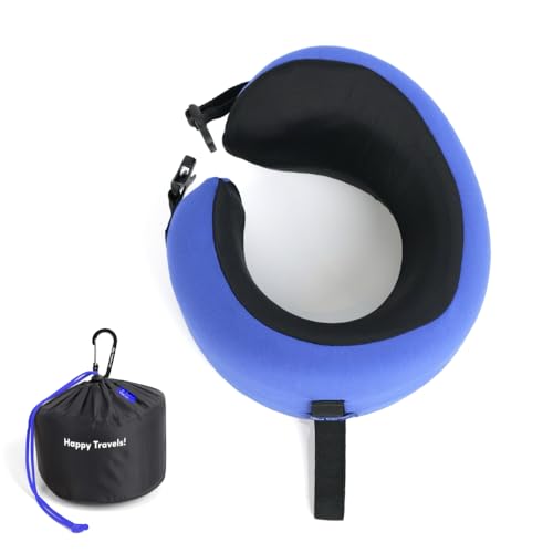 C CUSHION LAB Travel Pillow, Award-Winning Patented Ergonomic Design for Chin & Neck Support Memory Foam Neck Pillow, Compact Airplane Pillow for Traveling, Flight, Car (Cobalt Blue, Medium) - color: Cobalt Blue, size: Medium