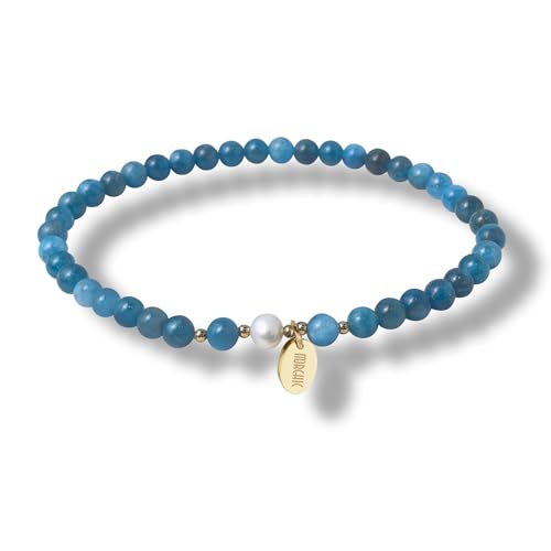 4mm Natural Gemstone Beads Stretch Bracelet for Women, With Freshwater Pearls, Energy Gem Birthday Gift for Her 7.2” - color: Apatite