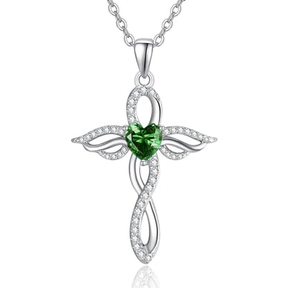 TANGPOET Angel Wings Necklace for Women 925 Sterling Silver Guardian Angel Pendant, Heart Cross Birthstone Necklace, Birthday Jewelry Gifts for Her - style: 5-May Emerald