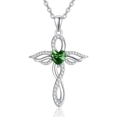 TANGPOET Angel Wings Necklace for Women 925 Sterling Silver Guardian Angel Pendant, Heart Cross Birthstone Necklace, Birthday Jewelry Gifts for Her - style: 5-May Emerald