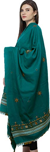 Exotic India Women's Pure Wool Shawl from Kutch with Central Embroidered Chakra and Mirrors Ethnic Design Stole, Scarves - color: Alpine Green