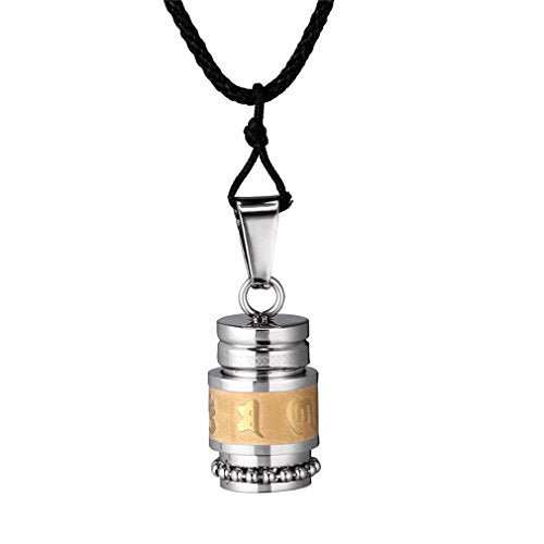 Men's Stainless Steel Open Lucky Buddha Mantra Pendant Necklace Bottle Container Memorial with Braided Rope - color: Mantra - Gold (small)