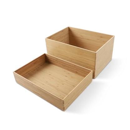 2-Piece Large Bamboo Storage Box Set - 7.1in High Stackable Deep-Drawer Organizer, Lidless Bin for Kitchen Cutlery Utensils, Home & Office (14.6"x10.2"x7.1"+14.6"x10.2"x3.1")