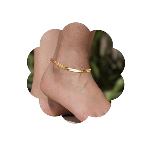 FindChic Elegant Herringbone Snake Chain Anklets/Bracelets 3MM/5MM Width Stainless Steel/18K Gold/Rose Gold Plated/Black 4 Color Options, 8.3'' 8.5'' 10.5'' Length, with Gift Box - color: A: 5mm 8.5'' anklet (Gold Plated)