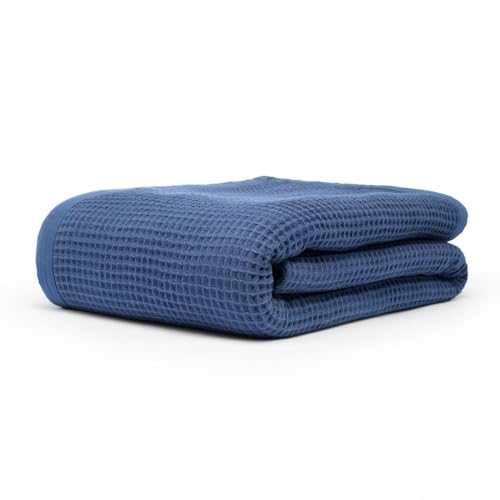 GOTS Certified Organic Cotton Waffle Weave Blanket, Queen Bed Size, 90"X90"Cozy Throw Blanket for Couch, Modern Home Decor Throw Blankets,Comfy Waffle Blanket Soft Bed Blankets -Navy Blue - color: Waffle - Blue, size: Queen (U.S. Standard)
